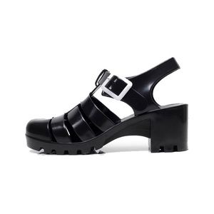 Black Chunky Heeled Jelly Sandals with Buckle Detail